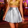 DaPongZhi Women's Metallic Pleated Mini Skater Skirt with Elastic High Waist view 3