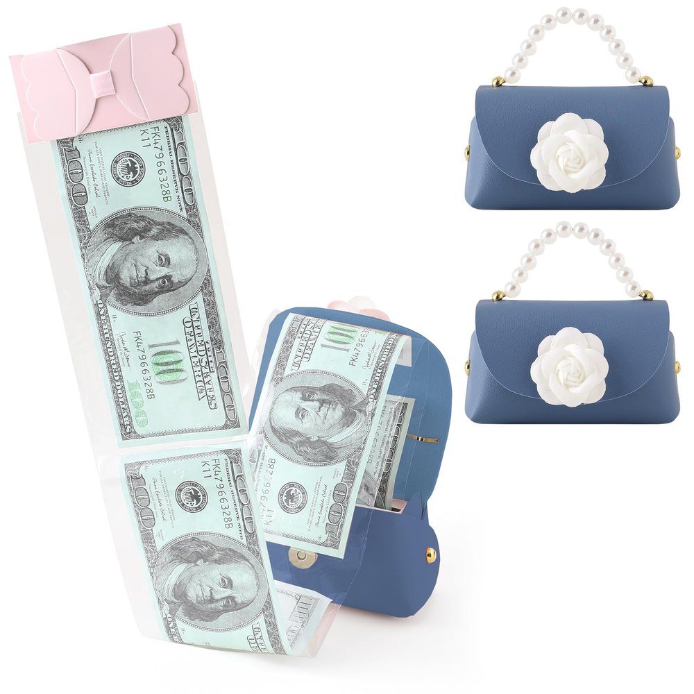 Litvana Leather Surprise Box with Mini Rose, 2-Pack, Money Gift Pull-Out Box, Blue