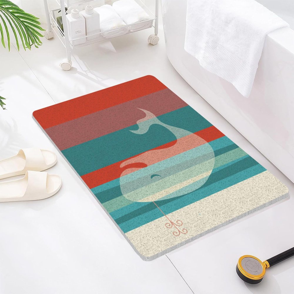 Non-Slip Shower Mat with Drainage, 120 x 120 cm, Rectangular PVC Loofah Mat, Red/Cyan