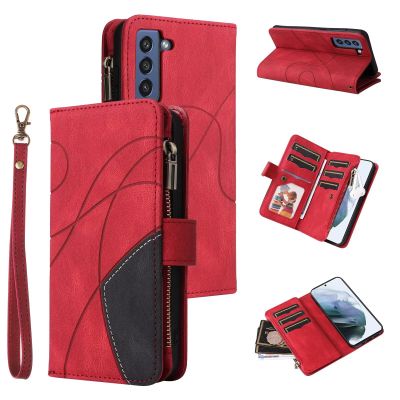 xinyunew Leather Flip Case for Samsung Galaxy S21 FE, Magnetic Wallet Case with 9 Card Slots, Stand Function, Shock-Resistant, Red