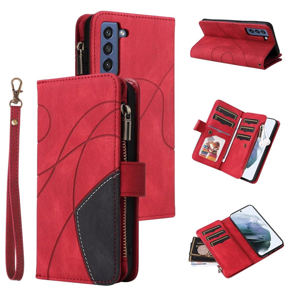 xinyunew Leather Flip Case for Samsung Galaxy S21 FE, Magnetic Wallet Case with 9 Card Slots, Stand Function, Shock-Resistant, Red