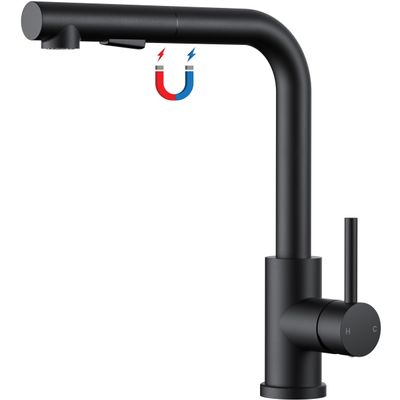 FORIOUS Kitchen Faucet with Pull-Down Magnetic Sprayer, 2 Spray Modes, 360° Rotation, L-Shaped Stainless Steel, Matte Black