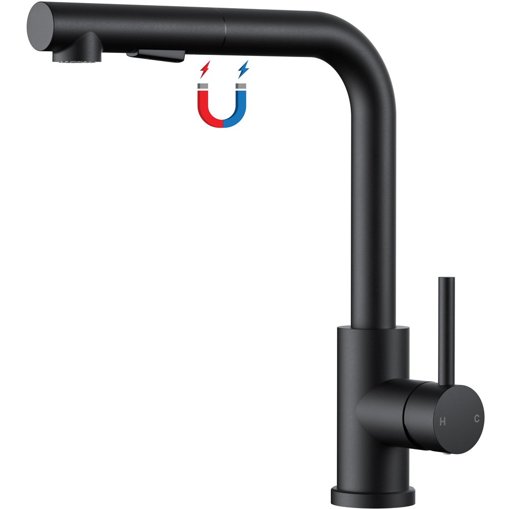 FORIOUS Kitchen Faucet with Pull-Down Magnetic Sprayer, 2 Spray Modes, 360° Rotation, L-Shaped Stainless Steel, Matte Black