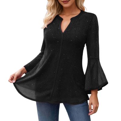 Women's Glitter Sequin Blouse, V-Neck Tunic Top with Long or Short Sleeves