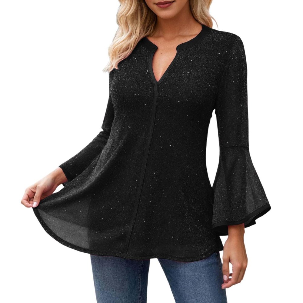 Women's Glitter Sequin Blouse, V-Neck Tunic Top with Long or Short Sleeves
