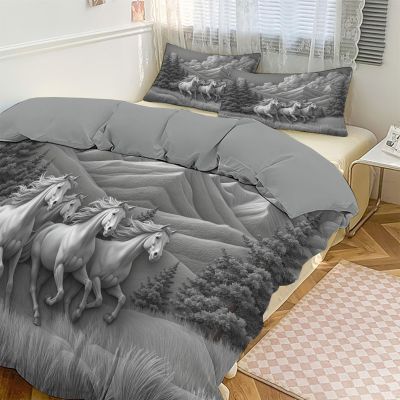 JEDTAKCT 3D Horse Grassland Mountains Bedding Set, 135 x 200 cm, Anthracite Gray, 2-Piece