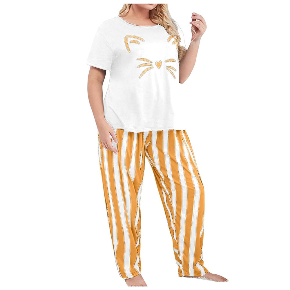 Duohropke Women's Summer Pajama Set, Long T-Shirt and Striped Short-Sleeve Pajama Pants, Crew Neck, Oversized Two-Piece Loungewear Set, Elegant Nightwear