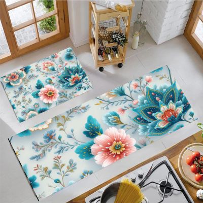 GDJSMIN Kitchen Runner Rugs, Set of 2, Blue Paisley, Non-Slip Washable Kitchen Mats