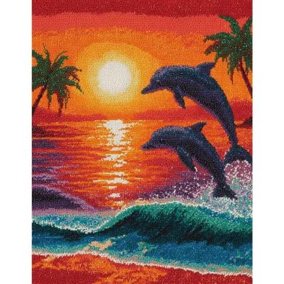 XDEGHUANGSS Latch Hook Kit, Two Dolphins at Sunset, 80 x 115 cm