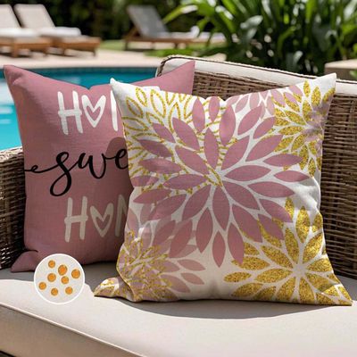 Jayusaror 2-Pack Outdoor Pillow Covers, 18 x 18 in, Pink and Gold Dahlia Floral