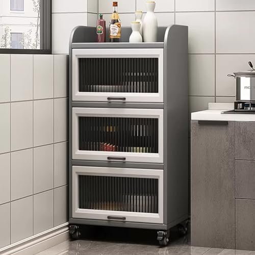 Rolling Microwave Stand, Freestanding Kitchen Cabinet and Wooden Baker’s Rack with Folding Doors