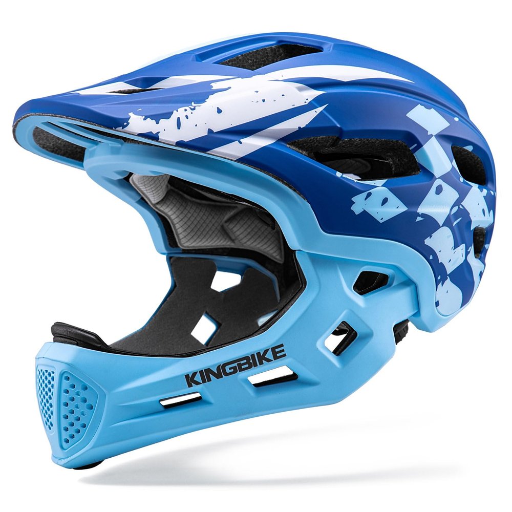 Kids' Bicycle Full-Face Helmet with Removable Chin Guard, Sky Blue Checkered Flag, S