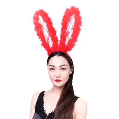 Kreeqe Playful Fluffy Bunny Ear Headband with Lace Trim, Photo Prop for Adults, for Christmas, Valentine's Day, and Winter Costume Parties (Drift, M)