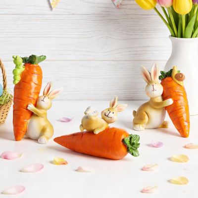 Easter Bunny Figurines with Carrots, Resin Easter Decor for Garden, Tabletop, or Office (3-Piece Set)
