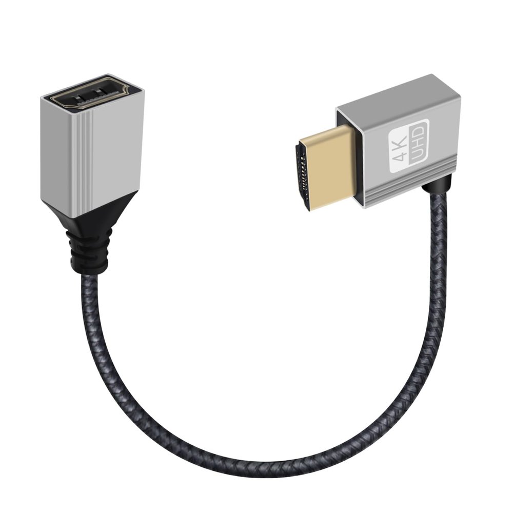 YINGAYOU Short HDMI Extension Cable, 4K@60Hz 18Gbps, 90-Degree Female-to-Male, Aluminum Housing, Gold-Plated Plug, 3D, ARC, Ethernet, for Laptop, Monitor, Fire TV, PC, Left-Angle, 0.2 m/0.65 ft