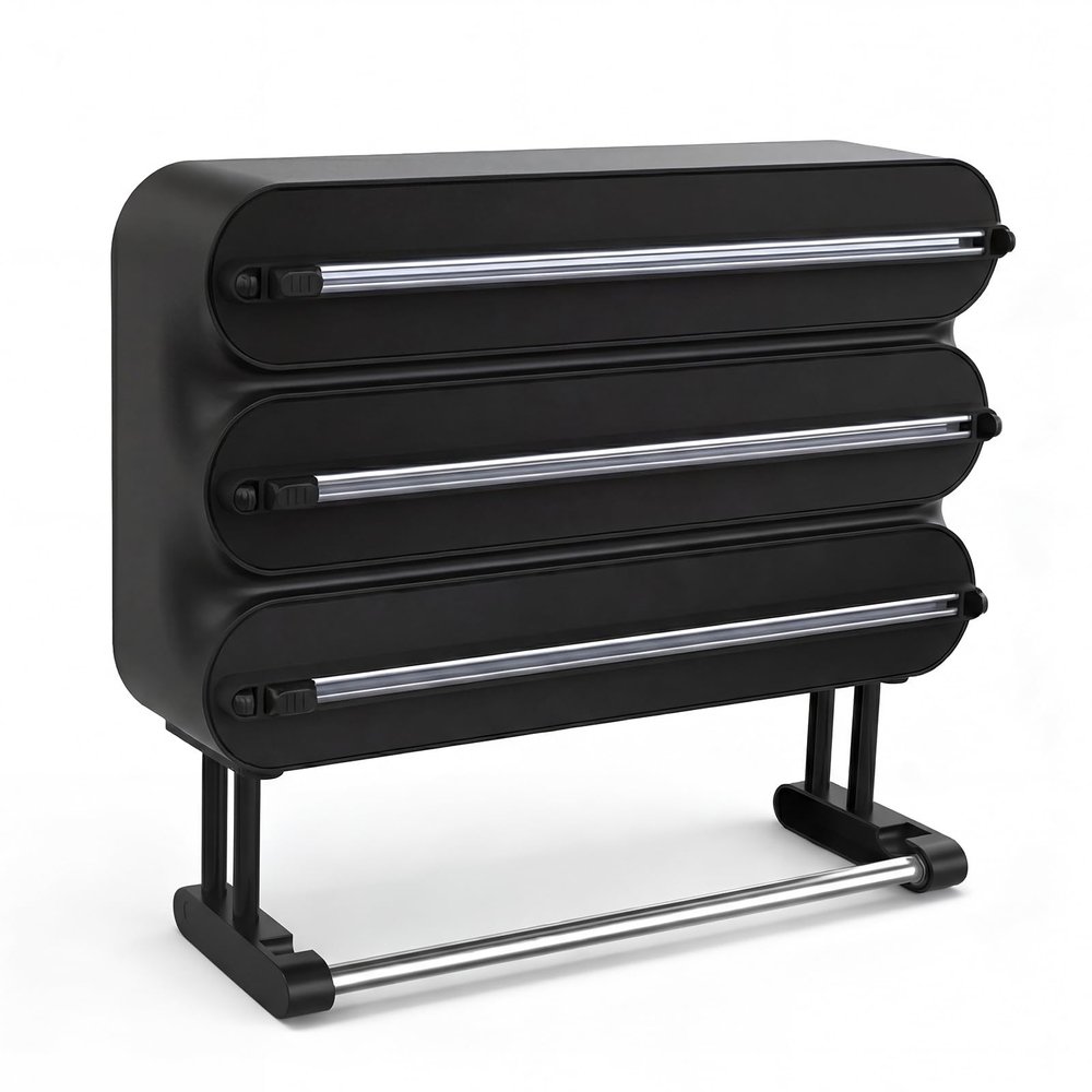 Wall-Mounted Kitchen Roll Holder, 4-Roll, No Drilling, Black