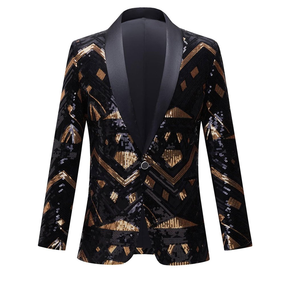 Clumanbbl Men's New Year's Suit Glitter Outfit Costume Party Metallic Sequin Jacket 70s Baseball Bomber Jacket Disco Nightclub Blazer Black #2 XL