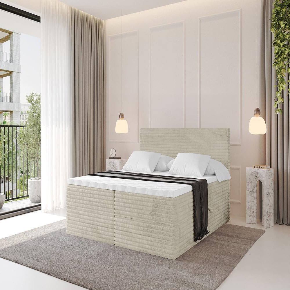 ALTDECOR TOLO-v1 Box Spring Bed with H3 Mattress, 180 × 200 cm, Cream