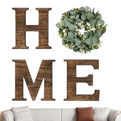 Home Sign Wall Decor, Rustic Wooden Letters with Artificial Eucalyptus Wreath