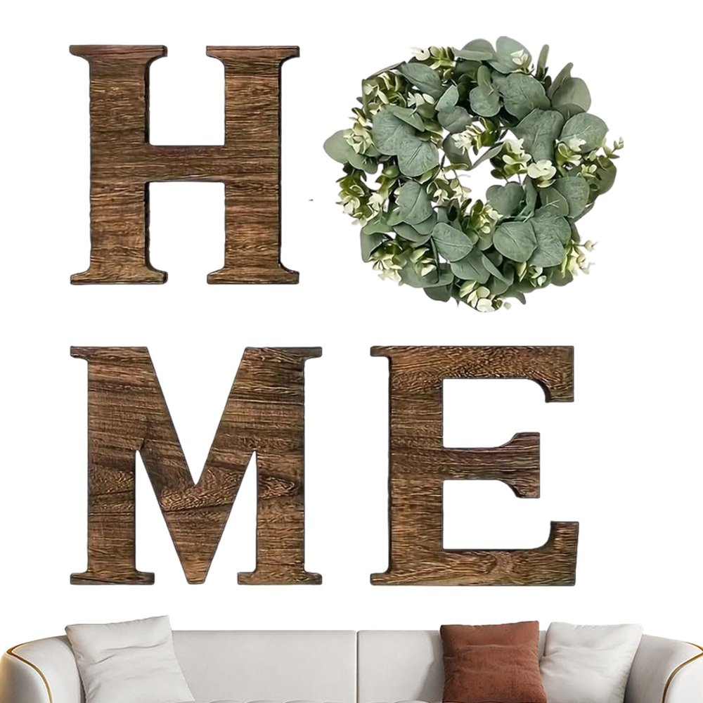 Home Sign Wall Decor, Rustic Wooden Letters with Artificial Eucalyptus Wreath