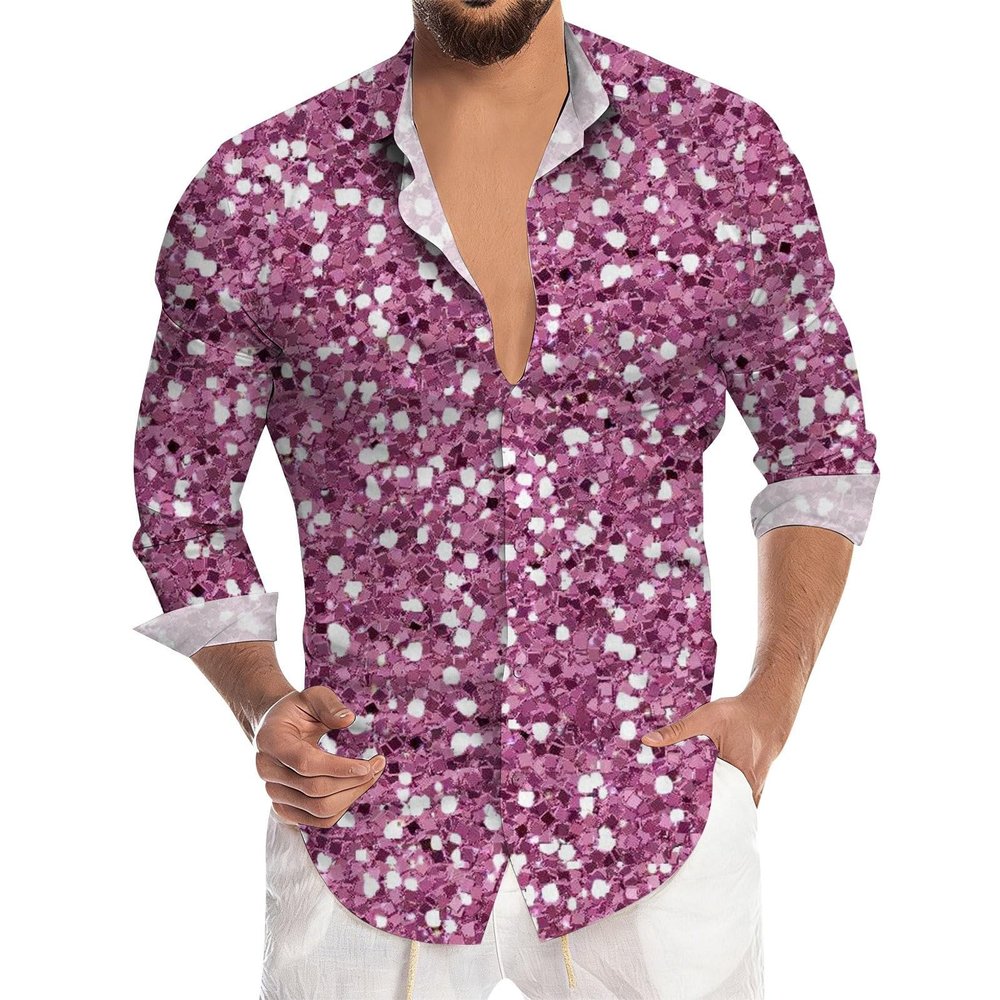 Men's 80s Sequin Glitter Shirt, Long Sleeve Disco Party Top