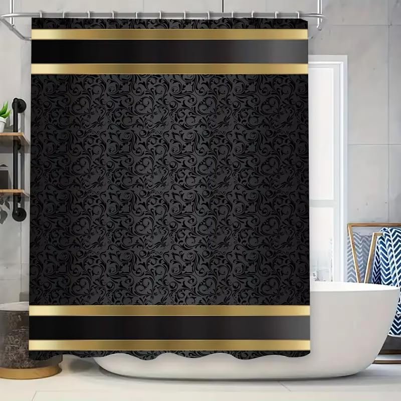 JGGXHM Luxuriser Shower Curtain with Black and Gold Pattern for Modern Bathroom Décor, Waterproof Fabric, Washable (200 x 203 cm/W x H)