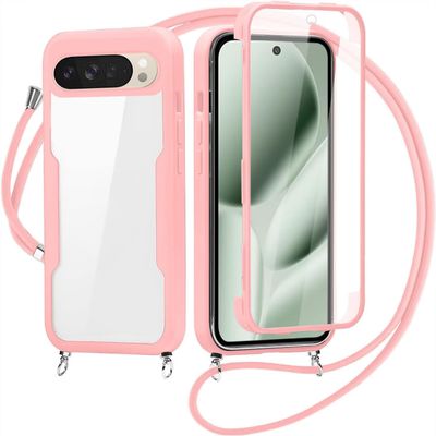 FERLAN Phone Lanyard Case for Google Pixel 10/Pixel 10 Pro, Clear 360° Protection with Integrated Screen Protector, Shockproof Ultra-Thin Silicone Case, Pink