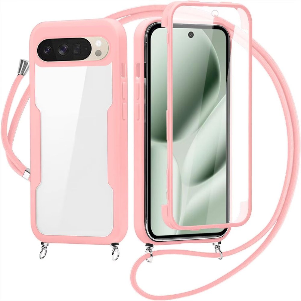 FERLAN Phone Lanyard Case for Google Pixel 10/Pixel 10 Pro, Clear 360° Protection with Integrated Screen Protector, Shockproof Ultra-Thin Silicone Case, Pink