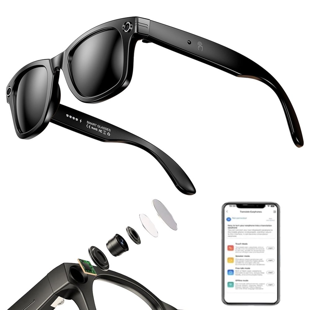 AI Smart Glasses with 8MP Camera, Music and Calling, Audio-Video Recording, Real-Time Translation and Voice Assistant for Women and Men (B)