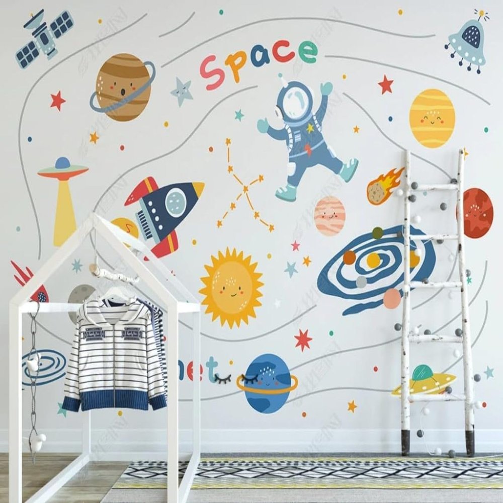 3D Cartoon Galaxy Planet Astronaut Rocket Wallpaper, 200 x 140 cm