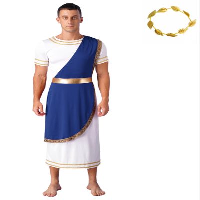 Aislor Men's Greek God Costume, Roman Toga with Scarf and Belt, Zeus, Blue, M