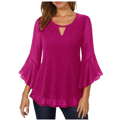 Qmfvqi Women's Festive Sequin Blouse, V-Neck 3/4-Sleeve Mesh Top