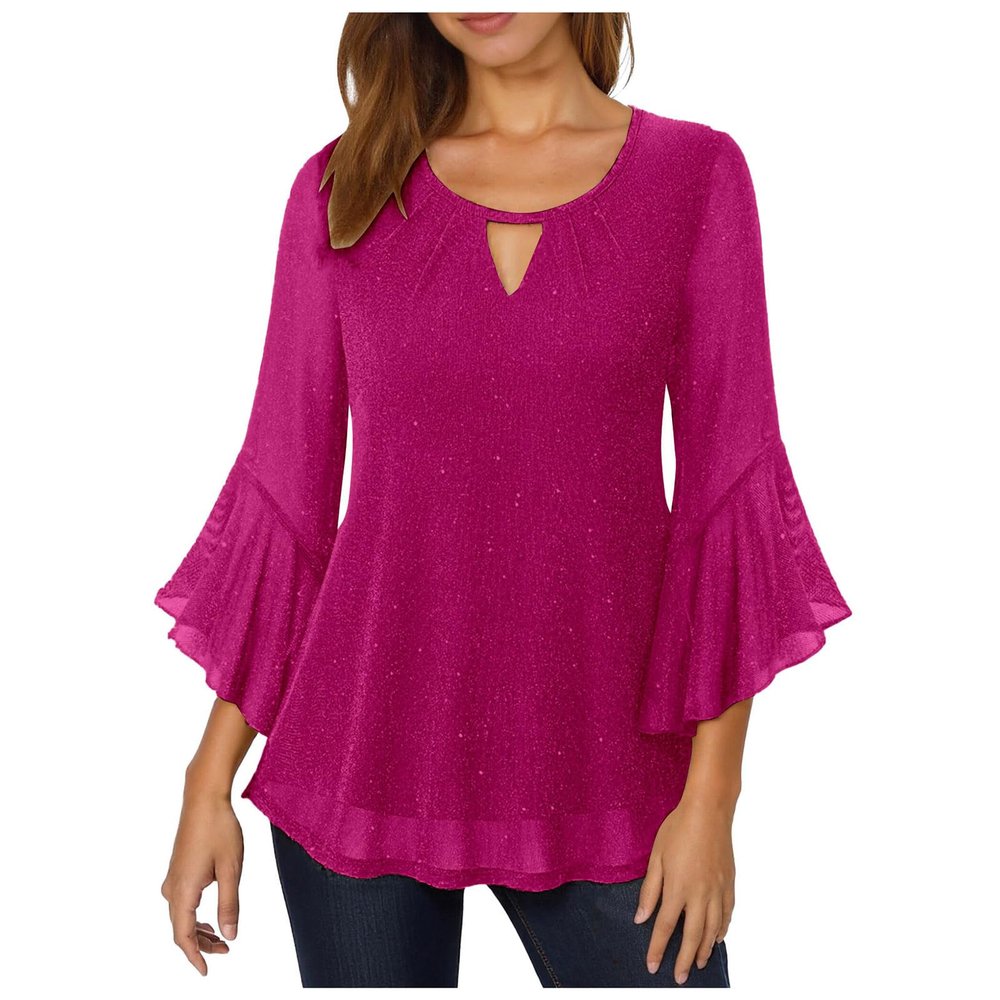 Qmfvqi Women's Festive Sequin Blouse, V-Neck 3/4-Sleeve Mesh Top