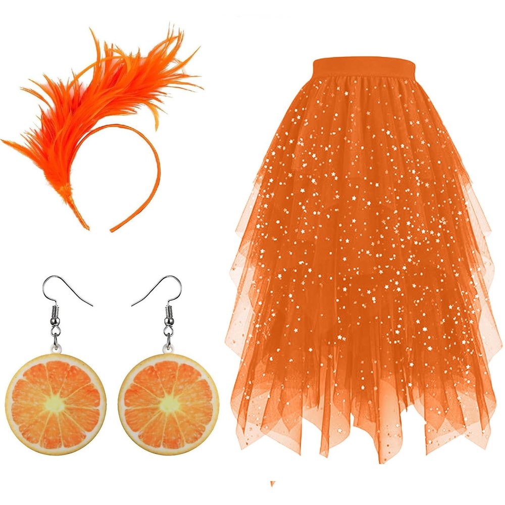 Women's Carnival Costume: Orange Glitter Tulle Skirt with Fruit Earrings and Feather Hair Accessory