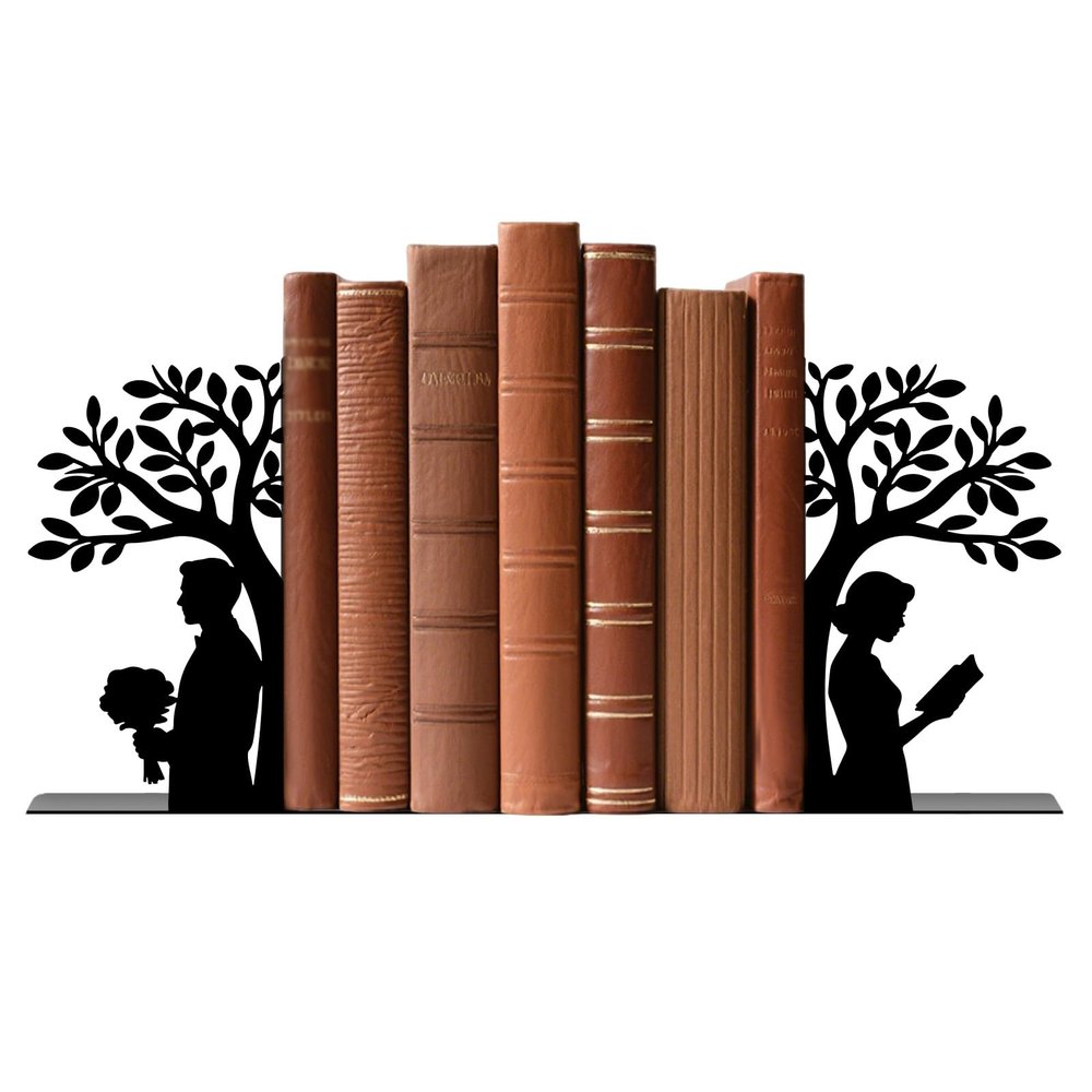 TWINKLEMON Black Metal Bookends, Pair Under a Tree, Non-Slip Decorative Book Stoppers