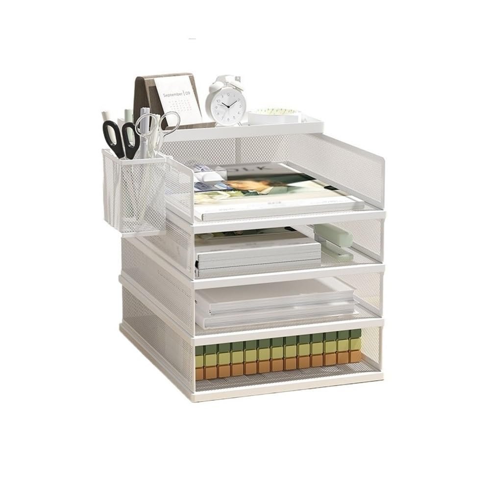Metal Mesh File Organizer, A4 Paper Holder with 4 Compartments, White