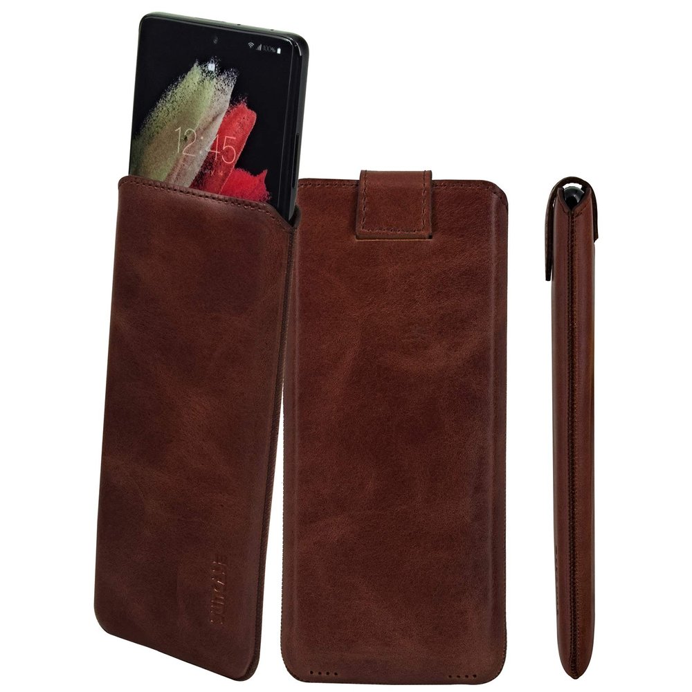 Suncase Genuine Leather Slim Pouch for T Phone 3 Pro 5G, Rustic Mocha Brown