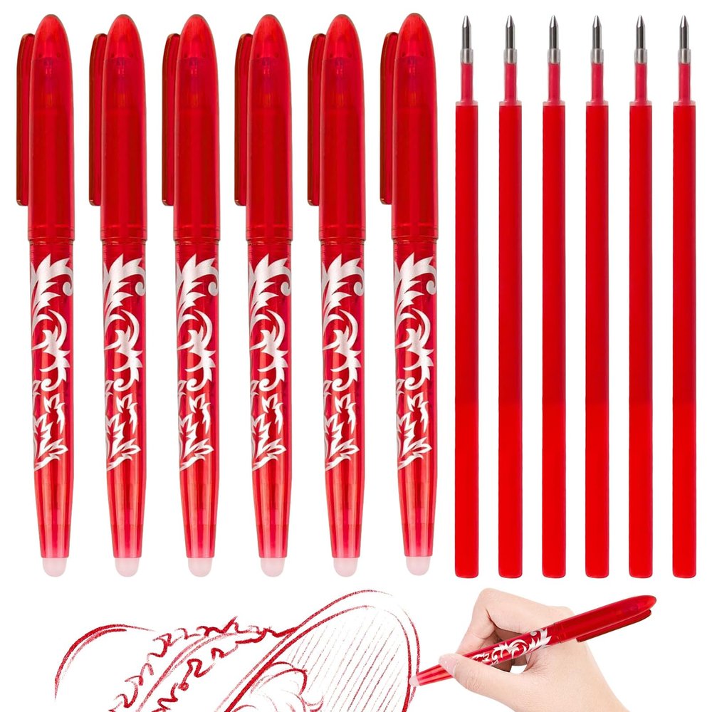 RUCUDIM Erasable Gel Pens, 6 Red Pens with 6 Refills, 0.5 mm Fine Tip