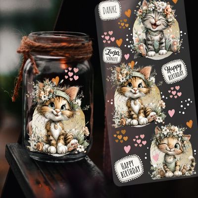 Ilka Parey Cat Rub-On Stickers for Tealight Holders, Spring Birthday Decor, DIN Long Sheet RB75