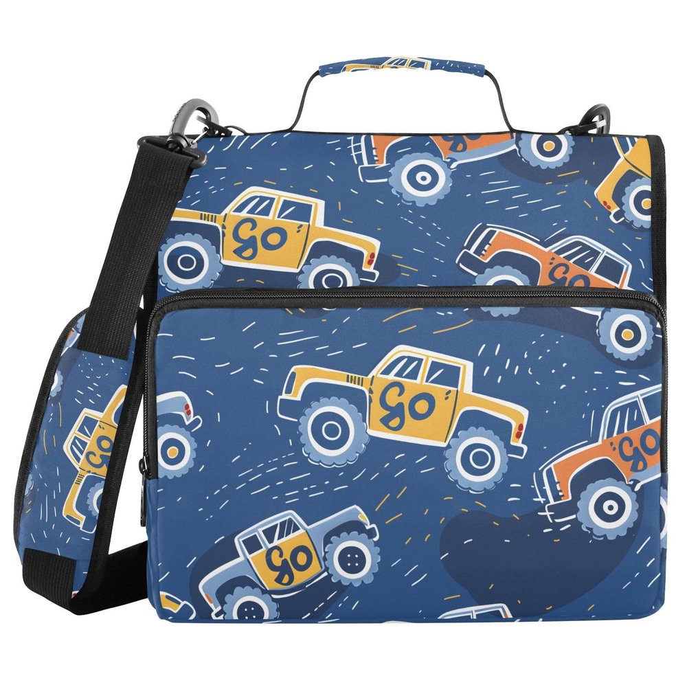 3-Ring Binder with Zipper and Shoulder Strap, Monster Truck Stripe Pattern