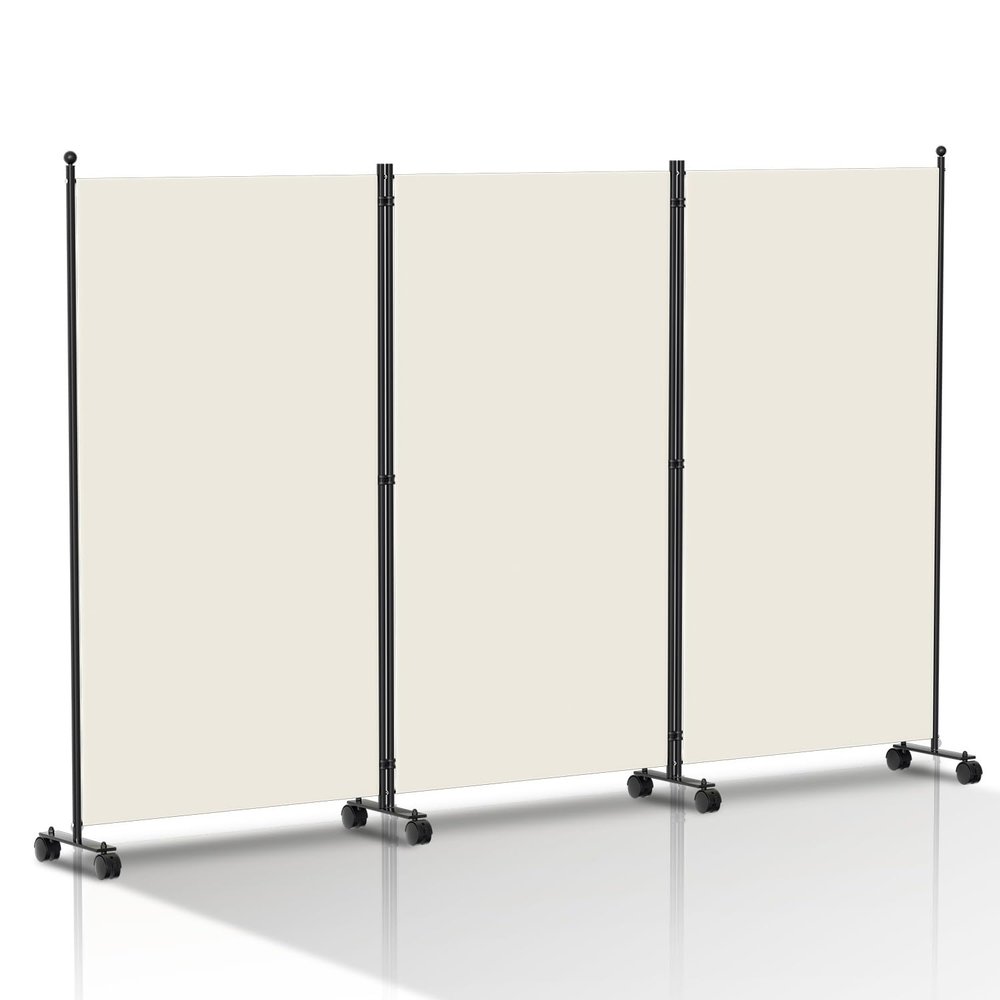 Folding Room Divider 263 x 181 cm, Freestanding Privacy Screen on Casters, 3-Panel, White