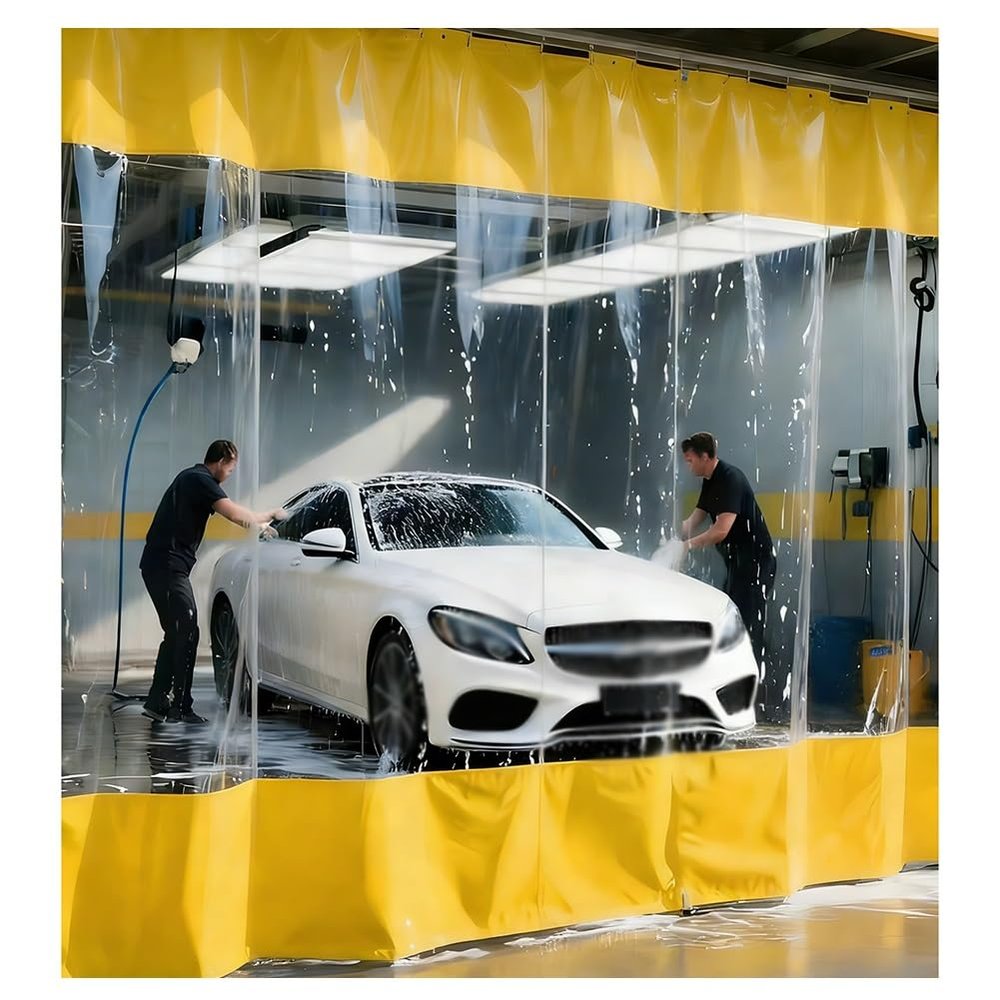 Zfmnoyev Industrial Car Wash Curtains with Metal Eyelets and Hooks, Transparent Weather-Resistant Vinyl Room Divider, Yellow, 2.5 x 1.8 m