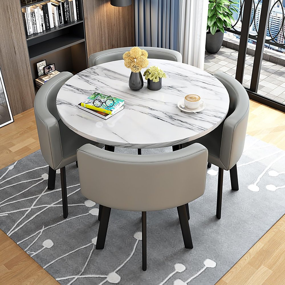 Elegant Round Marble Dining Table for 4 with Chairs – Stylish Office, Lounge, or Living Room Set