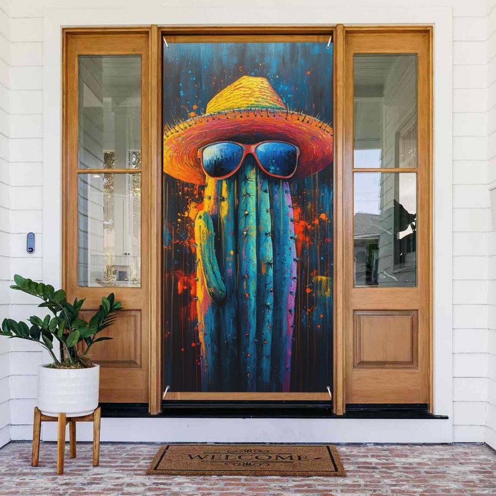 Generic Green Cactus Print Welcome Door Cover, 185 x 90 cm