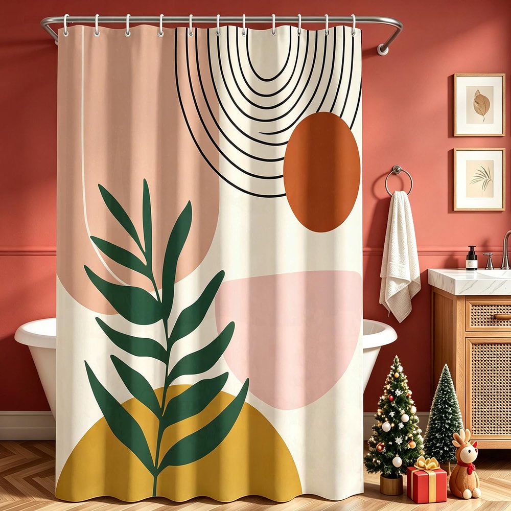 Lerores Leaf Print Shower Curtain Set, 180 x 160 cm