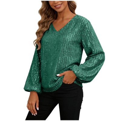 Women's Sequin Glitter Top, Long Sleeve, V-Neck, Dark Green-B, XXL