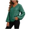Women's Sequin Glitter Top, Long Sleeve, V-Neck, Dark Green-B, XXL view 2