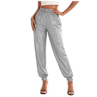 Women's Sequin Glitter Pants with Elastic Waist, Gray, M