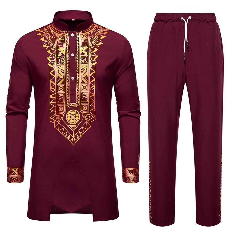 Generico Traditional African Men's Dress, Two-Piece Set, Wine, S
