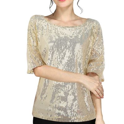 Women's Sequin Glitter Top, Short Sleeve, Crew Neck